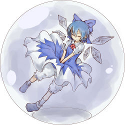 Rule 34 | 1girl, bloomers, blue hair, bow, bubble, cirno, dress, closed eyes, hair bow, ice, makino (katasumi), short hair, smile, solo, embodiment of scarlet devil, touhou, underwear, wings, zero (border000)