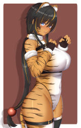 Rule 34 | 1girl, absurdres, animal ears, animal print, bare shoulders, black hair, black thighhighs, blue eyes, blush, breasts, fingerless gloves, from side, fur collar, fur trim, gloves, hands up, highres, large breasts, leotard, long hair, looking at viewer, mashiro03, multicolored hair, orange hair, original, parted lips, simple background, single thighhigh, smile, solo, streaked hair, tail, thigh strap, thighhighs, tiger ears, tiger print, tiger tail