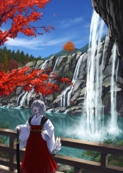 Rule 34 | 1girl, animal ears, ater9, cloud, closed eyes, highres, holding, holding weapon, inubashiri momiji, leaf, open mouth, red headwear, red skirt, rock, scenery, skirt, sky, solo, sword, tail, touhou, tree, water, waterfall, weapon, wolf ears, wolf girl, wolf tail, yawning