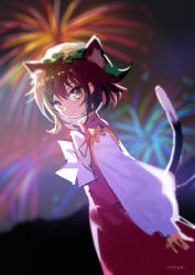 Rule 34 | 1girl, :&lt;, absurdres, animal ear fluff, animal ears, blurry, bow, bowtie, brown eyes, brown hair, cat ears, cat tail, chen, cowboy shot, depth of field, dress, dutch angle, expressionless, extra ears, fireworks, from side, hat, highres, hinasumire, long sleeves, looking at viewer, mob cap, multiple tails, nekomata, night, night sky, outdoors, puffy long sleeves, puffy sleeves, red dress, short hair, sky, solo, standing, tail, touhou, two tails, white bow, white bowtie
