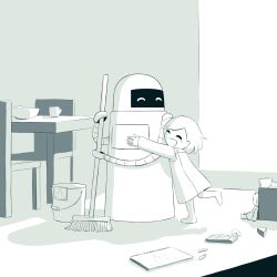 Rule 34 | 1girl, ^ ^, avogado6, broom, bucket, chair, child&#039;s drawing, cleaning, closed eyes, doll, closed eyes, greyscale, holding, holding broom, hug, indoors, mole, mole under eye, monochrome, original, robot, table, toy
