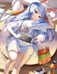 Rule 34 | 1girl, absurdres, animal ear fluff, bean bag chair, blue hair, bottle, braid, carrot, carrot hair ornament, chips (food), coat, commentary request, controller, don-chan (usada pekora), dualsense, english text, expressionless, eyebrows, eyelashes, food, food-themed hair ornament, fur-trimmed gloves, fur scarf, fur trim, gloves, hair down, hair ornament, hand up, highres, holding, hololive, joystick, long hair, looking at viewer, lying, nintendo switch, pekomon (usada pekora), oversized clothes, playstation controller, rabbit-shaped pupils, rabbit girl, red eyes, scarf, scottie (phantom2), shirt, smile, solo, straight hair, symbol-shaped pupils, t-shirt, thick eyebrows, thighs, twin braids, usada pekora, virtual youtuber, wall, white coat, wooden floor