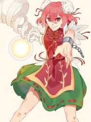 Rule 34 | 1girl, amputee, bandages, bun cover, chain, chinese clothes, cuffs, dagak, double bun, flower, green skirt, hair bun, highres, ibaraki kasen, lace, pink hair, pointing, puffy short sleeves, puffy sleeves, red eyes, red ribbon, ribbon, rose, shackles, short hair, short sleeves, simple background, skirt, smile, solo, tabard, tan background, thorn print, touhou, vine print