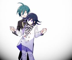 Rule 34 | 1202 koge, 2boys, ahoge, blue hair, checkered clothes, checkered scarf, couple, cowboy shot, danganronpa (series), danganronpa v3: killing harmony, closed eyes, gakuran, hair between eyes, height difference, holding hands, long sleeves, looking at another, male focus, multiple boys, open mouth, oma kokichi, purple eyes, purple hair, saihara shuichi, scarf, school uniform, simple background, smile, standing, straitjacket, white background, yaoi