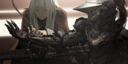 Rule 34 | 1boy, armor, bodysuit, cable, cloak, eyebrows, helmet, highres, long hair, machinery, outstretched arm, parted lips, pixiv fantasia, pixiv fantasia t, pointy ears, power armor, tagging in progress, tsukuba masahiro, upper body, white hair, wire