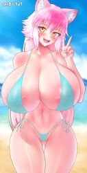 Rule 34 | 1girl, absurdres, aged up, alternate breast size, animal ears, aqua bikini, arms behind back, artist name, beach, bikini, blush, collarbone, covered erect nipples, cowboy shot, dayby, fangs, female focus, hand up, highres, large areolae, long hair, looking at viewer, murenase! shiiton gakuen, nail polish, okami ranka, open mouth, outdoors, pink hair, pink nails, smile, solo, standing, swimsuit, thick thighs, thigh gap, thighs, tongue, v, wide hips, wolf ears, wolf girl, yellow eyes