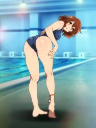 Rule 34 | 1girl, ass, bent over, blush, breasts, brown hair, full body, hibike! euphonium, highres, legs, looking at viewer, medium hair, nail polish, one-piece swimsuit, open mouth, oumae kumiko, pool, poolside, sbel02, school swimsuit, solo, standing, swimsuit, thighs, wavy hair, yellow eyes