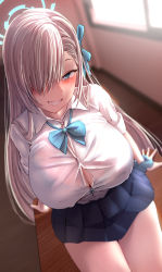 Rule 34 | 1girl, asuna (blue archive), blue archive, blue eyes, blue skirt, bow, bowtie, breasts, classroom, cleavage, commentary, cowboy shot, desk, dutch angle, hair over one eye, highres, large breasts, light brown hair, on desk, school uniform, scrunchie, shirt, short sleeves, silver bullet (ecc12 8), sitting, on desk, skirt, solo, thighs, white shirt, wrist scrunchie