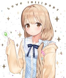Rule 34 | 1girl, :t, blue bow, blue dress, blush, bow, brown cardigan, brown eyes, brown hair, candy, cardigan, closed mouth, collarbone, collared dress, commentary request, dress, food, futaba anzu, hair between eyes, highres, holding, holding candy, holding food, holding lollipop, idemitsu, idolmaster, idolmaster cinderella girls, lollipop, long hair, long sleeves, low twintails, open cardigan, open clothes, plaid, plaid dress, pout, sleeveless, sleeveless dress, sleeves past wrists, solo, sparkle, striped, striped bow, twintails, upper body, very long hair, white background