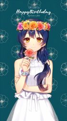 Rule 34 | 10s, 1girl, alternate hairstyle, birthday, blue hair, blush, character name, commentary request, cowboy shot, dated, dress, flower, hair between eyes, hair flower, hair ornament, happy birthday, head wreath, highres, holding, holding flower, long hair, looking at viewer, love live!, love live! school idol festival, love live! school idol project, ponytail, sakura yuki (clochette), sleeveless, sleeveless dress, smile, solo, sonoda umi, standing, sundress, white dress, yellow eyes