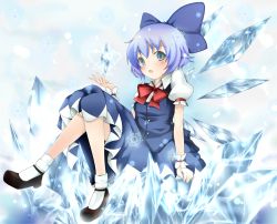 Rule 34 | 1girl, bad id, bad pixiv id, blue dress, blue eyes, blue hair, bow, cirno, dress, female focus, full body, gradient background, hair bow, ice, matching hair/eyes, sawade, solo, touhou, wings
