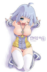 Rule 34 | 1girl, ahoge, blue eyes, blue hair, bottomless, bracelet, breasts, cleavage, cuoretti, elbow gloves, gloves, huge breasts, jewelry, kei jiei, matching hair/eyes, necklace, no panties, no pussy, one eye closed, original, solo, thighhighs, white thighhighs, wink