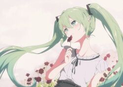 Rule 34 | 1girl, bare arms, commentary request, cosmos (flower), earrings, floating hair, flower, green eyes, green hair, grey shirt, hair between eyes, hatsune miku, highres, holding, holding flower, jewelry, long hair, looking to the side, outdoors, partial commentary, pre sktch, red flower, shirt, sleeveless, sleeveless shirt, solo, twintails, upper body, valentine, very long hair, vocaloid