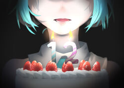 1girl absurdres aqua_hair birthday_cake cake candle food fruit hatsune_miku head_out_of_frame headphones highres kinosuke_(pattaba) lips necktie open_mouth portrait shirt sleeveless sleeveless_shirt solo strawberry vocaloid white_shirt