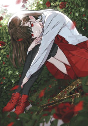 Rule 34 | 1girl, absurdres, boots, brown hair, collared shirt, falling petals, flower, half-closed eyes, hand up, high heel boots, high heels, highres, hugging own legs, ib (ib), ib (kouri), knees up, leaning forward, long hair, long sleeves, looking to the side, maria (maria rose), neck ribbon, on ground, outdoors, outstretched arm, petals, picture frame, pleated skirt, red eyes, ribbon, rose, rose bush, shirt, sitting, skirt, solo, thighhighs