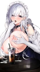 Rule 34 | 1girl, absurdres, azur lane, bare shoulders, belfast (azur lane), blue dress, blue eyes, blush, braid, breast hold, breasts, breasts out, bubble tea, chain, collar, cup, dress, drinking straw, elbow gloves, french braid, gloves, highres, lactation, large breasts, long hair, looking at viewer, nipples, open mouth, saliva, solo, spice (spicezzumi), swept bangs, table, white gloves, white hair