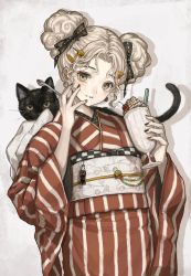 Rule 34 | 1girl, black cat, cat, cherry, cracked skin, cup, curly hair, drinking straw, food, food-themed hair ornament, fruit, hair ornament, highres, holding, holding cup, holding spoon, japanese clothes, kimono, looking at viewer, milkshake, original, retro artstyle, sayoko (sayosny2), simple background, solo, spoon, white hair, yellow eyes