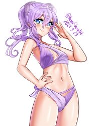 Rule 34 | 1girl, absurdres, alternate costume, bikini, blue eyes, breasts, cowboy shot, dated, hair between eyes, hair ornament, halterneck, hand on own hip, highres, kantai collection, katou shinobu, langley (kancolle), medium hair, one-hour drawing challenge, purple bikini, purple hair, simple background, small breasts, smile, solo, swimsuit, tiara, twitter username, white background