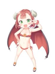 Rule 34 | 1girl, :d, bare arms, bare shoulders, bikini, black bikini, blush, brown footwear, commentary request, curled horns, demon girl, demon horns, demon wings, endro!, fang, frilled bikini, frills, full body, green eyes, groin, hand on own hip, hand up, horns, kani biimu, long hair, looking at viewer, mao (endro!), navel, open mouth, pointy ears, red hair, red scrunchie, red wings, sandals, scrunchie, short hair, side-tie bikini bottom, simple background, smile, solo, standing, swimsuit, v, v over eye, very long hair, white background, wings, wrist scrunchie