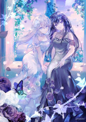 Rule 34 | 2girls, bare shoulders, black eyes, black flower, black hair, blue butterfly, breasts, bug, butterfly, closed mouth, day, dress, falling petals, flower, hair between eyes, hair flower, hair ornament, head tilt, highres, indoors, insect, leaning to the side, long dress, long hair, looking at viewer, medium breasts, mishiro (iromishiro), multiple girls, original, petals, plant, puffy short sleeves, puffy sleeves, raised eyebrows, rose, short sleeves, sidelocks, sitting, sleeveless, sleeveless dress, smile, vines, white dress, white eyes, white flower, white hair, windowsill