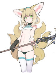 Rule 34 | 1girl, animal ear fluff, animal ears, aqua hairband, arknights, ataruman, bare arms, bare shoulders, black choker, black gloves, blonde hair, braid, choker, commentary request, cowboy shot, dot nose, flat chest, fox ears, fox girl, fox tail, gloves, green eyes, groin, hair between eyes, hairband, highres, holding, holding polearm, holding weapon, light blush, braided hair rings, lowleg, lowleg panties, multiple tails, navel, panties, polearm, scrunchie, simple background, single glove, solo, spear, stomach, string panties, suzuran (arknights), tail, thighhighs, twin braids, underwear, weapon, white background, white scrunchie, white thighhighs, wrist scrunchie