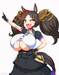 Rule 34 | + +, 1girl, animal ears, black hair, breasts, clothing cutout, drill hair, drill sidelocks, ear ornament, hand on own hip, highres, horse ears, horse girl, horse tail, huge breasts, isemagu, marvelous sunday (umamusume), oppai loli, orange eyes, sidelocks, simple background, solo, tail, twintails, umamusume, underboob, underboob cutout, white background