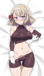 Rule 34 | 1girl, absurdres, azur lane, bare shoulders, bed sheet, bike shorts, bike shorts pull, black gloves, blonde hair, blue eyes, blush, bodystocking, bow, breasts, closed mouth, commentary request, covered collarbone, cowboy shot, cross, crossed bangs, elbow gloves, eyebrows hidden by hair, furrowed brow, gloves, gluteal fold, groin, hair between eyes, hair bow, hair ornament, highres, iron cross, large breasts, lifted by self, looking at viewer, lying, macaroni (dontakadx), medium hair, navel, on back, pulled by self, shadow, sidelocks, skindentation, sleeveless, solo, stomach, striped, striped bow, taut clothes, thigh gap, wavy mouth, white gloves, z23 (azur lane)
