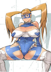 Rule 34 | 1990s (style), 1girl, blonde hair, blue eyes, boots, breasts, breasts apart, butcherboy, capcom, cleavage, cleavage cutout, clothing cutout, heart, huge breasts, legs, leotard, mask, rainbow mika, sitting, solo, street fighter, street fighter zero (series), thick thighs, thighhighs, thighs, twintails
