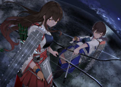 Rule 34 | 2girls, absurdres, akagi (kancolle), arrow (projectile), blue hakama, bow (weapon), brown eyes, brown gloves, brown hair, closed mouth, cloud, cloudy sky, commentary request, dutch angle, fog, frown, full moon, gegeron, glaring, gloves, hakama, half-closed eyes, highres, holding, holding bow (weapon), holding weapon, horizon, japanese clothes, kaga (kancolle), kantai collection, kimono, long hair, looking to the side, moon, multiple girls, muneate, night, night sky, ocean, outdoors, partial commentary, quiver, red hakama, rigging, side ponytail, single glove, sky, weapon, white kimono, wind