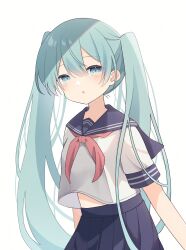Rule 34 | 1girl, absurdres, blue eyes, blue hair, blush, commentary, hatsune miku, highres, long hair, looking at viewer, midriff, neckerchief, parted lips, pleated skirt, school uniform, serafuku, short sleeves, skirt, solo, twintails, upper body, very long hair, vocaloid, white background, yomiya yumeha
