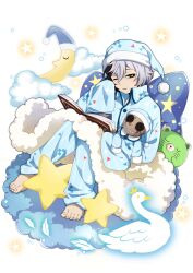 Rule 34 | 1other, bad source, barefoot, black hair, bungou stray dogs, child, doll, feet, hair between eyes, hat, long sleeves, multicolored hair, official art, one eye closed, pajamas, parted lips, star (symbol), stuffed toy, toenails, toes, transparent background, two-tone hair, white hair, yumeno kyuusaku, yumeno kyuusaku (bungou stray dogs)