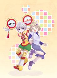 Rule 34 | 1boy, 1girl, blonde hair, blue eyes, chinese clothes, cosplay, costume switch, crossover, detached sleeves, dragon kid, flower, green eyes, hair ornament, hairclip, holding hands, hat, hetero, huang baoling, hunter x hunter, ise mariya, killua zoldyck, panpan999, product placement, voice actor connection, shoes, short hair, shorts, sneakers, staff, superhero costume, thighhighs, tiger &amp; bunny, white hair