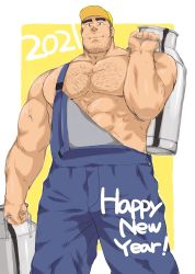 Rule 34 | 1boy, 2021, abs, arm hair, bara, bare pectorals, baseball cap, carrying over shoulder, chest hair, chinese zodiac, facial hair, feet out of frame, hairy, happy new year, hat, highres, large pectorals, male focus, mature male, milk, milk churn, muscular, muscular male, new year, nipples, original, overalls, pectorals, shigetashigezo, short hair, sideburns, smile, solo, stomach, stubble, suspenders, thick eyebrows, year of the ox