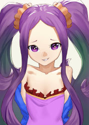 Rule 34 | 1girl, fate/grand order, fate (series), hair ornament, hank10111213, long hair, looking at viewer, purple eyes, purple hair, simple background, smile, solo, twintails, very long hair, white background, wu zetian (fate)