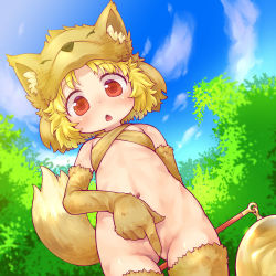 Rule 34 | 1girl, absurdres, animal hat, arm behind back, bell, blonde hair, blue sky, blush, cloud, commentary request, commission, covering privates, covering crotch, cowboy shot, day, fang, flat chest, fox girl, fox hat, fox tail, halterneck, hat, highres, holding, holding staff, looking at viewer, looking down, moonlight flower, navel, open mouth, outdoors, paid reward available, ragnarok online, red eyes, sakurabe notos, second-party source, short hair, skeb commission, skin fang, sky, solo, staff, tail, tree