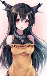 Rule 34 | 10s, 1girl, apron, arms behind back, black hair, blush, headgear, kantai collection, md5 mismatch, nagato (kancolle), personification, puka puka, red eyes, smile, solo, suishin tenra, suitenjh