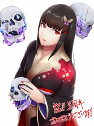 Rule 34 | 1girl, black hair, blunt bangs, character request, closed mouth, eyeshadow, hair ornament, happy birthday, japanese clothes, kageshio (276006), kimono, lipstick, long hair, long sleeves, looking at viewer, makeup, obi, red eyes, red lips, sash, sennen sensou aigis, skull, smile, solo, upper body, wide sleeves