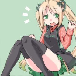 Rule 34 | 1girl, ^^^, blonde hair, character request, employee uniform, green eyes, long hair, lowres, one eye closed, open mouth, original, panties, pantyshot, personification, plaid, simple background, sitting, skirt, smile, solo, soratobu zippo, thighhighs, tsukumo-tan, twintails, underwear, uniform, upskirt, wink