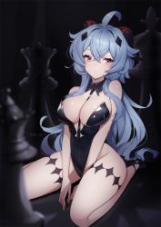 Rule 34 | 1girl, :o, ahoge, ankkoyom, bare arms, bare legs, between breasts, between legs, black collar, black footwear, black leotard, blue hair, blush, breasts, chess piece, cleavage, collar, commentary request, crossed bangs, diamond hair ornament, ganyu (genshin impact), genshin impact, goat horns, gradient eyes, hand between legs, highres, horns, large breasts, leotard, long hair, looking at viewer, multicolored eyes, purple eyes, seiza, sitting, sleeveless, solo, thigh strap, thighs, twitter username