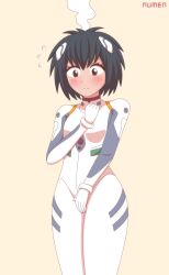 Rule 34 | 1girl, :|, absurdres, artist name, ayanami rei, ayanami rei (cosplay), black hair, blush, bodysuit, breasts, brown eyes, closed mouth, commentary, cosplay, covering privates, covering crotch, cowboy shot, embarrassed, english commentary, eyelashes, flying sweatdrops, full-face blush, hair between eyes, hand on own chest, head steam, highres, interface headset, looking ahead, marvel, neon genesis evangelion, numen, peni parker, pilot suit, plugsuit, short hair, simple background, small breasts, solo, spider-man: into the spider-verse, spider-man (series), spider-verse, standing, steam, very short hair, wavy mouth, white bodysuit, yellow background