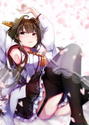 Rule 34 | 1girl, absurdres, ahoge, artist logo, baileys (tranquillity650), bare shoulders, black skirt, black thighhighs, brown hair, detached sleeves, double bun, hair bun, highres, huge filesize, japanese clothes, kantai collection, kongou (kancolle), long hair, nontraditional miko, petals, pleated skirt, purple eyes, ribbon-trimmed sleeves, ribbon trim, signature, skirt, solo, thighhighs, twitter username, wide sleeves