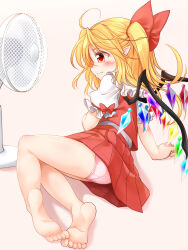 Rule 34 | 1girl, ahoge, arm support, barefoot, blonde hair, blush, closed mouth, crystal, electric fan, fang, fang out, flandre scarlet, frilled sleeves, frills, from side, full body, highres, long hair, looking at object, lying, marukyuu ameya, multicolored wings, no headwear, no shoes, no socks, on side, panties, pantyshot, pink background, pink panties, pointy ears, puffy short sleeves, puffy sleeves, red eyes, red skirt, red vest, shirt, short sleeves, simple background, skin fang, skirt, soles, solo, touhou, underwear, vest, white shirt, wings