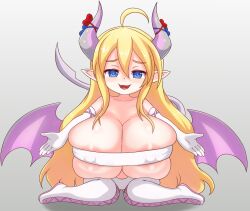 Rule 34 | 1girl, ahoge, areola slip, blonde hair, blue eyes, boots, breasts, breasts on lap, budget sarashi, covered erect nipples, demon girl, demon horns, demon tail, demon wings, fang, gradient background, horn ornament, horn ribbon, horns, huge breasts, incoming hug, long hair, long pointy ears, micaela (mon-musu quest!), mon-musu quest!, nav (itsnav), open mouth, oppai loli, pointy ears, rami (mon-musu quest!), ribbon, sarashi, simple background, sitting, smile, solo, tail, thigh boots, very long hair, wariza, wings