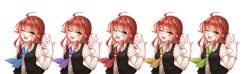Rule 34 | 10s, 5girls, ;d, ahoge, alternate color, arashi (kancolle), bad id, bad pixiv id, blouse, blush, commentary request, fang, gloves, highres, kantai collection, kerchief, meaomao, messy hair, multiple girls, one eye closed, open mouth, red hair, shirt, simple background, smile, upper body, vest, white background, white gloves, yellow eyes