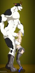 Rule 34 | 1boy, 1girl, armpits, arms held, arms up, bandeau, breasts, clothed female nude male, cum, fairy tail, fellatio, furry, furry with non-furry, hetero, highres, horns, interspecies, irrumatio, large breasts, large penis, lucy heartfilia, minotaur, monster, muscular, muscular male, nose piercing, nose ring, nude, oral, pectorals, penis, piercing, skirt, sleeveless, standing, strapless, taurus (fairy tail), testicles, tube top