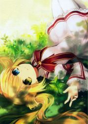 Rule 34 | 10s, 1girl, blonde hair, blue eyes, bud, dappled sunlight, dress, from above, from behind, grass, heterochromia, highres, knees up, lace, legs together, long hair, looking at viewer, looking back, looking up, nakatsu shizuru, nature, no eyepatch, outdoors, pantyhose, plant, rewrite, rhe-rhe, ribbon, school uniform, shade, smile, solo, sunlight, tree, tree shade, twintails, under tree, white pantyhose, yellow eyes, yuhazu (rhe-rhe)
