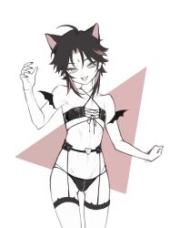 Rule 34 | 1boy, :3, androgynous, animal ears, bat ornament, bat wings, black bra, black garter belt, black hair, black nails, black pantyhose, bra, cat boy, cat ears, cat thigh strap, doupu41, facial mark, feet out of frame, flat chest, forehead mark, garter belt, genshin impact, hand up, heart o-ring, highres, lingerie, looking ahead, looking at viewer, male focus, open mouth, pantyhose, short hair, simple background, solo, thighhighs, underwear, white background, wings, xiao (genshin impact)