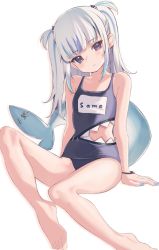 Rule 34 | clothing cutout, feet, fins, fish tail, flat chest, gawr gura, highres, hololive, hololive english, kanae (inorin05kanae), name tag, one-piece swimsuit, shark tail, simple background, solo, swimsuit, tail, virtual youtuber, white background, white hair