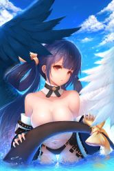 Rule 34 | 1girl, areola slip, black wings, blue hair, breasts, cleavage, cloud, collarbone, day, detached collar, dizzy (guilty gear), guilty gear, highres, large breasts, leaning forward, long hair, looking at viewer, nail polish, nooko, panties, purple hair, red eyes, sky, solo, tail, topless, twintails, underwear, wading, white wings, wide sleeves, wings