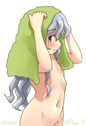 Rule 34 | 1girl, blush, braid, embarrassed, grey eyes, grey hair, kantai collection, long hair, looking at viewer, navel, nude, one-hour drawing challenge, ponytail, ray.s, school swimsuit, single braid, swimsuit, towel, wavy hair, yamagumo (kancolle)